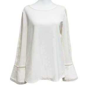 NWT Women White Lace Trim, Bell Sleeves Blouse
